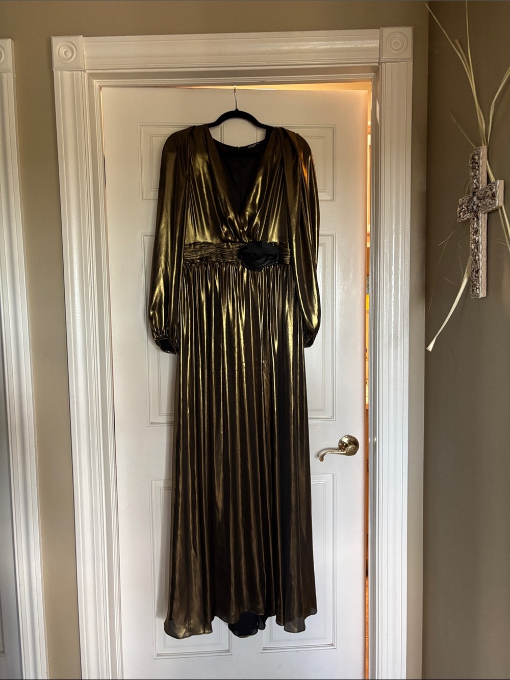 Emanuel Ungaro Metallic Olive Long-Sleeve Maxi Gown with Rosette Detail